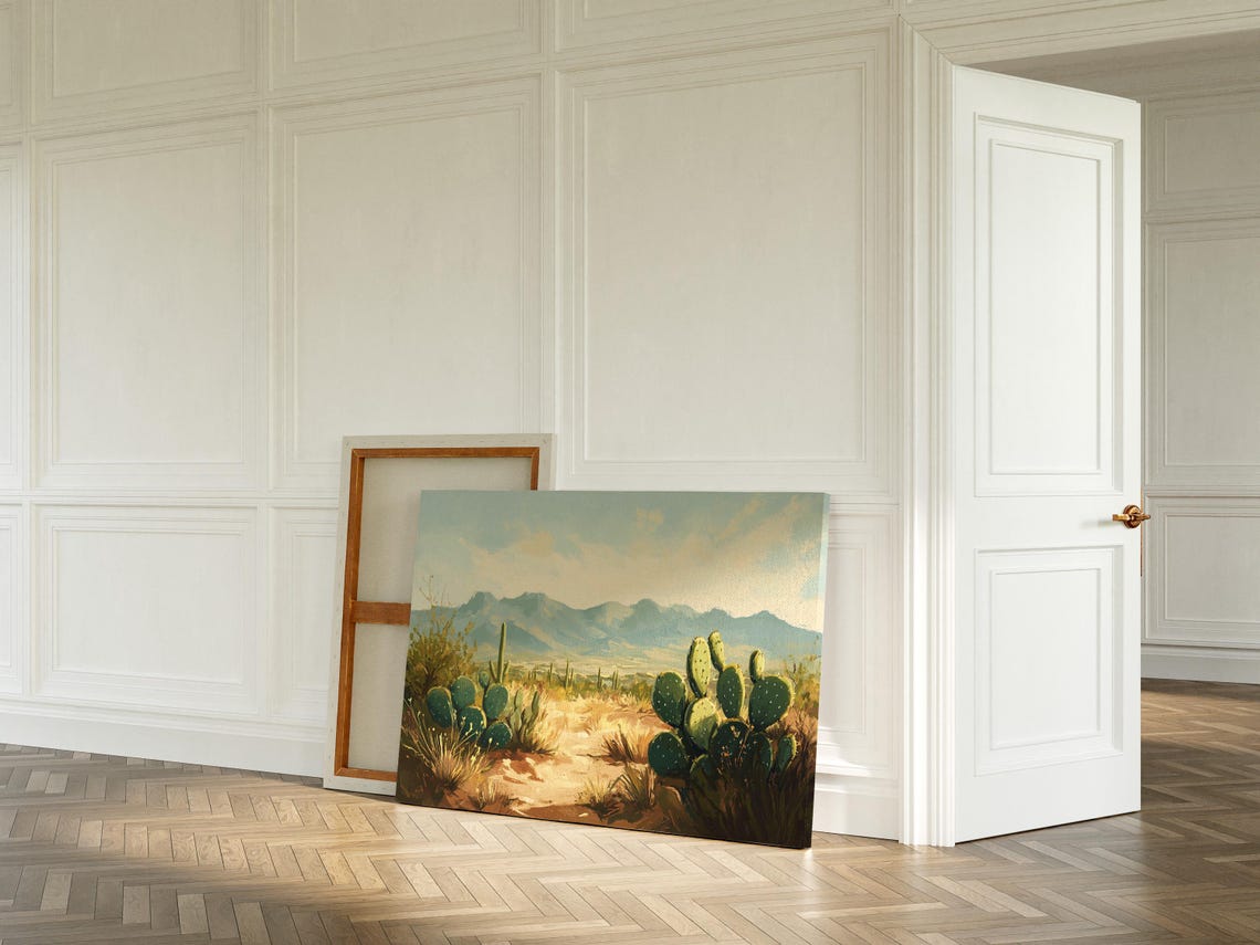 Serene Desert Morning with Prickly Pear Cactus Landscape Poster - Image 3