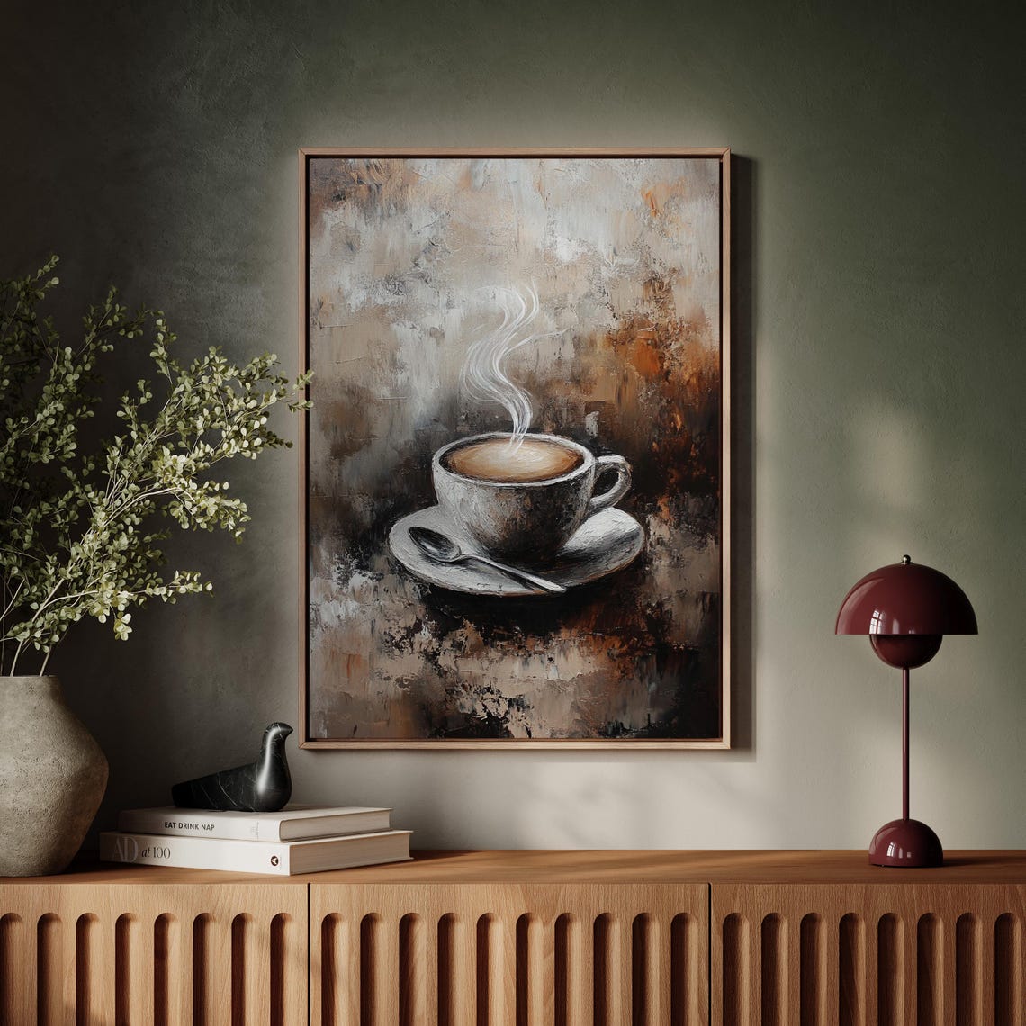 Steaming Coffee Cup Vintage Oil Painting Neutral Brown Kitchen Poster