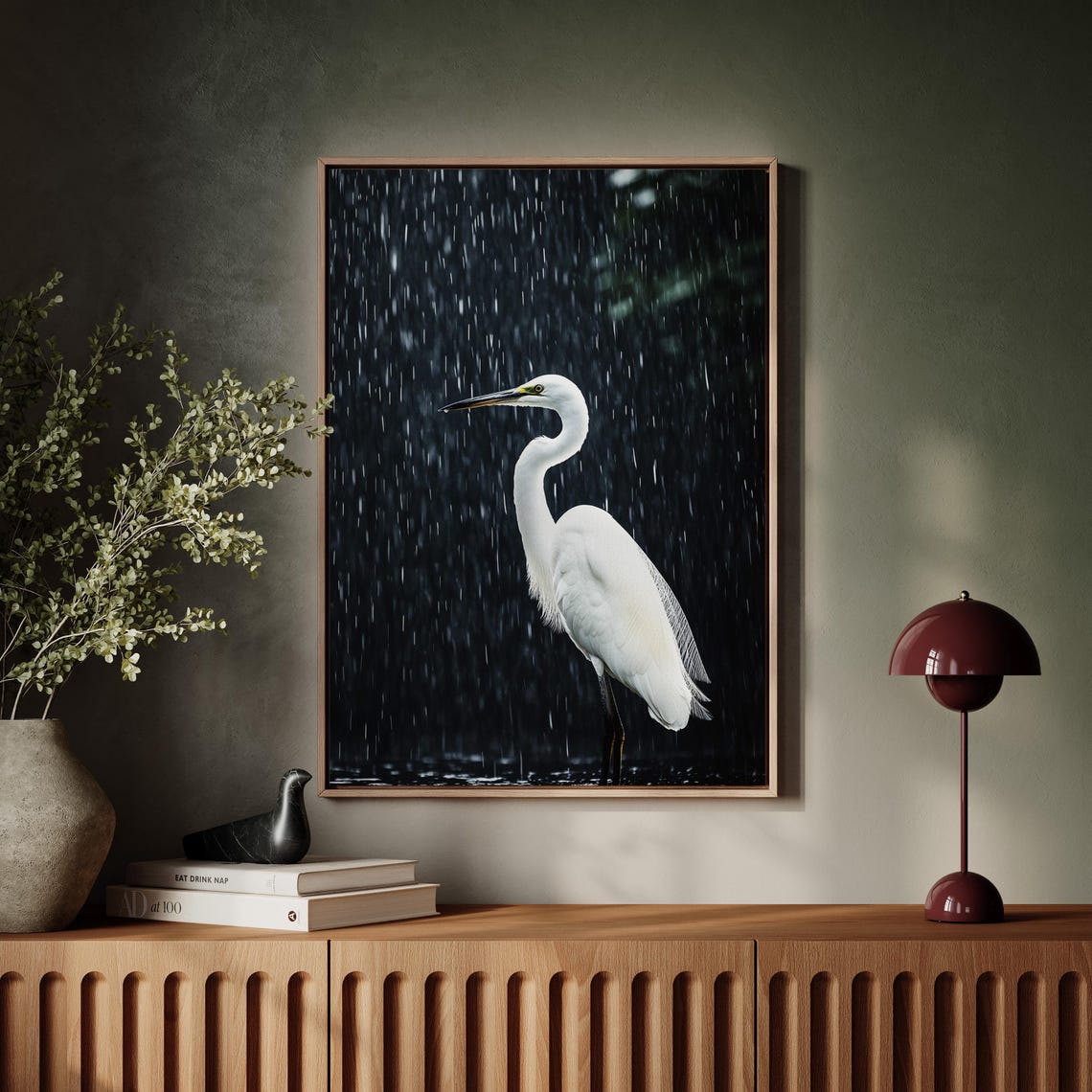 White Egret Standing in Rain Dramatic Dark Wildlife Portrait Poster - Image 4
