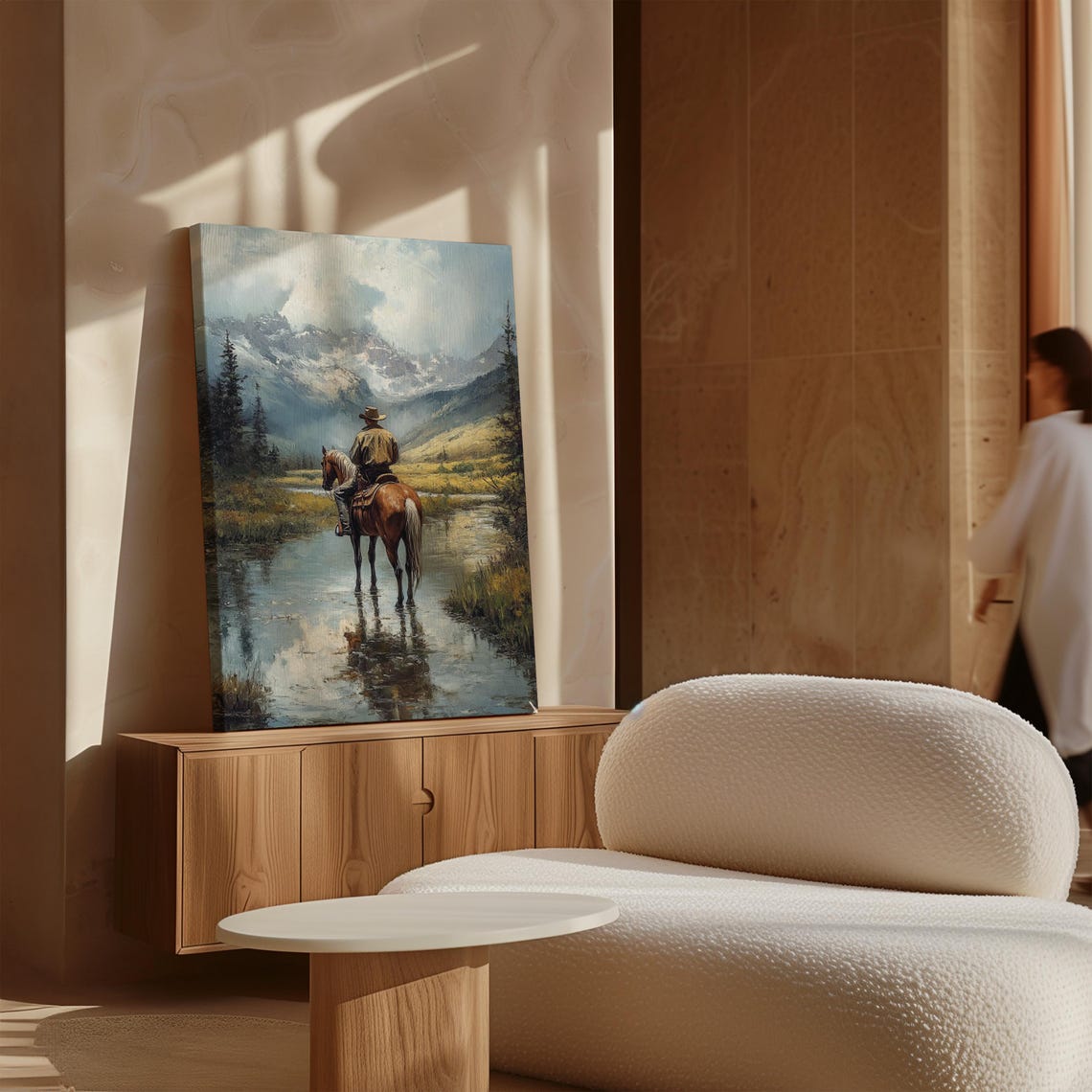 Lone Cowboy Crossing a Misty Mountain Stream on Horseback Poster - Image 5