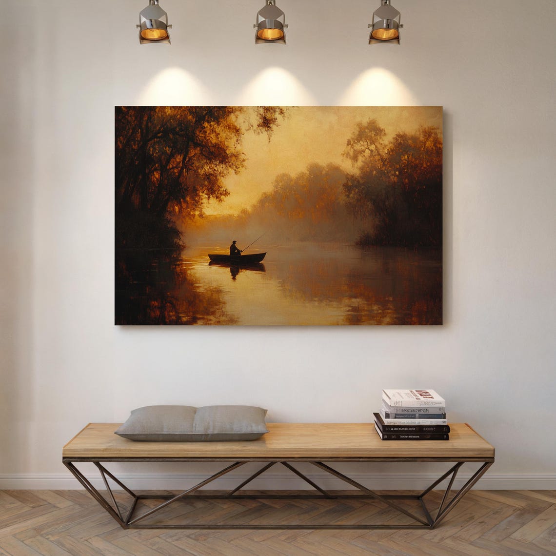 Lone Fisherman in a Boat on a Golden River at Sunset Tranquil Poster - Image 5