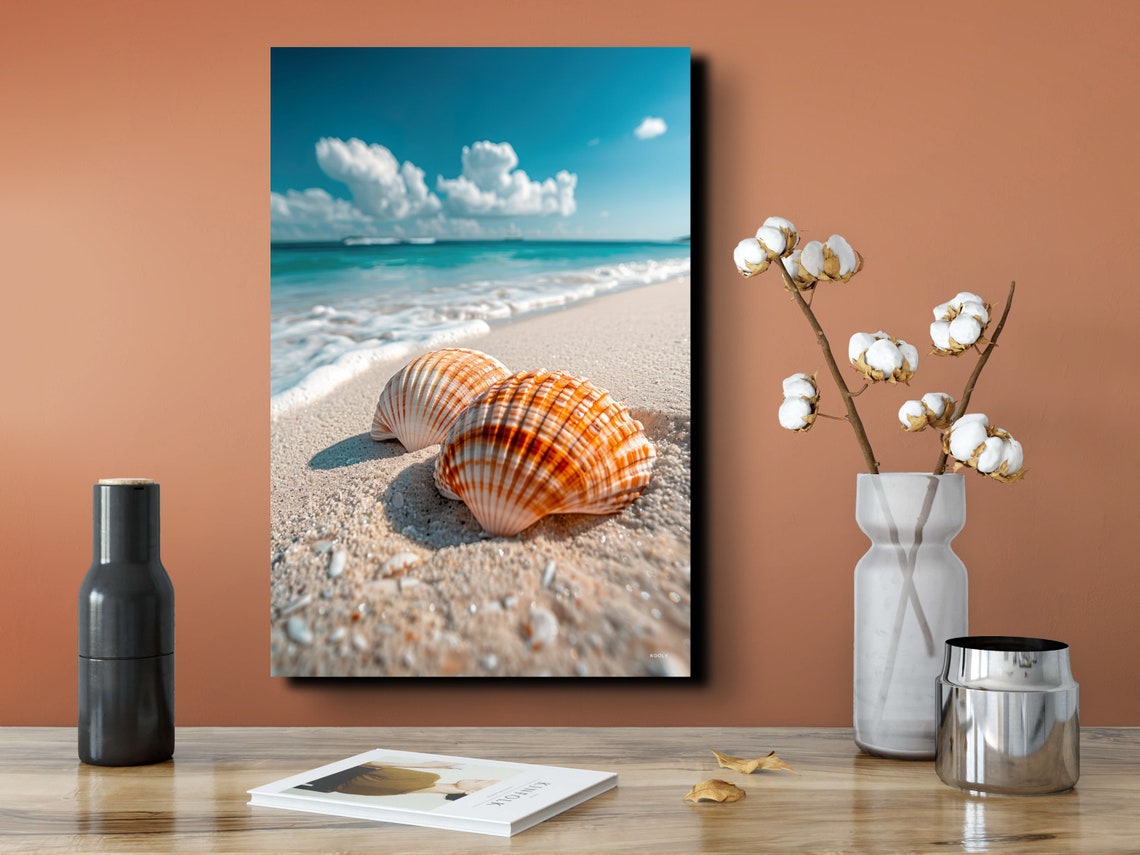 Orange Seashells on a Sandy Beach with Turquoise Water Poster - Image 7