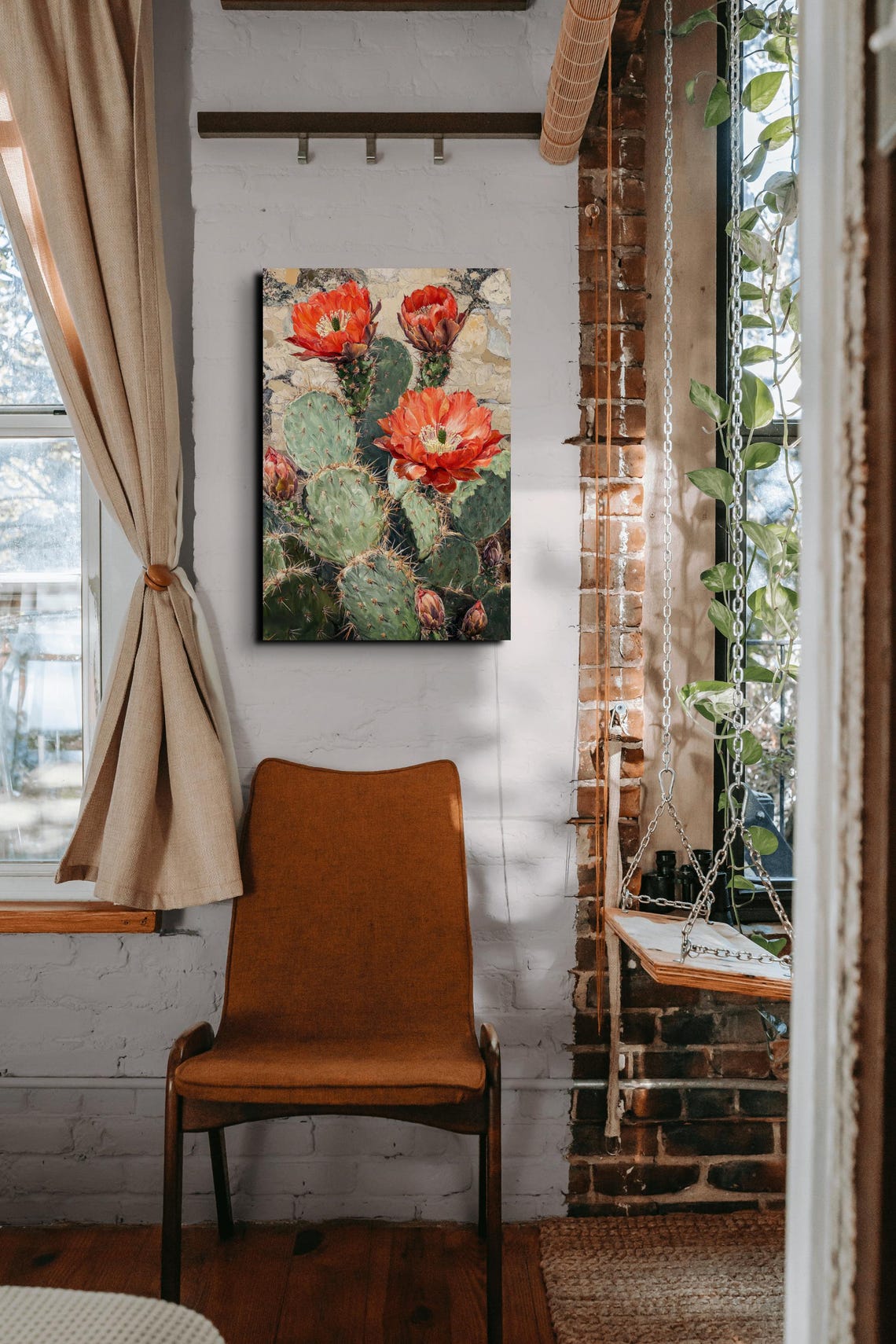 Prickly Pear Cactus Red Orange Blooms Stone Wall Desert Art Poster - Image 4