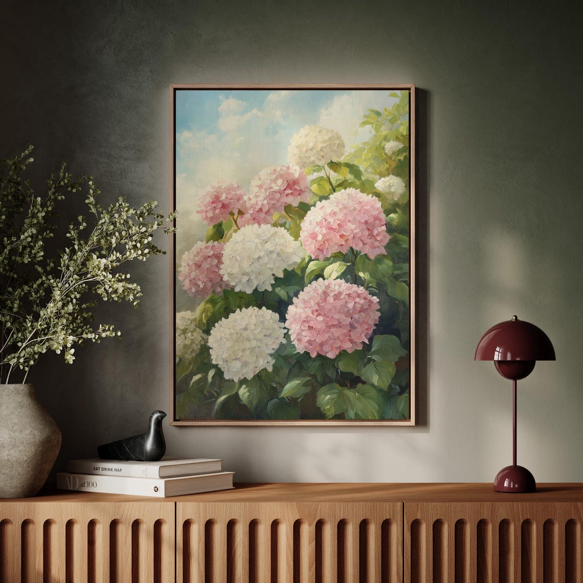 Pink White Hydrangea Blossoms Lush Floral Oil Painting Poster - Image 4