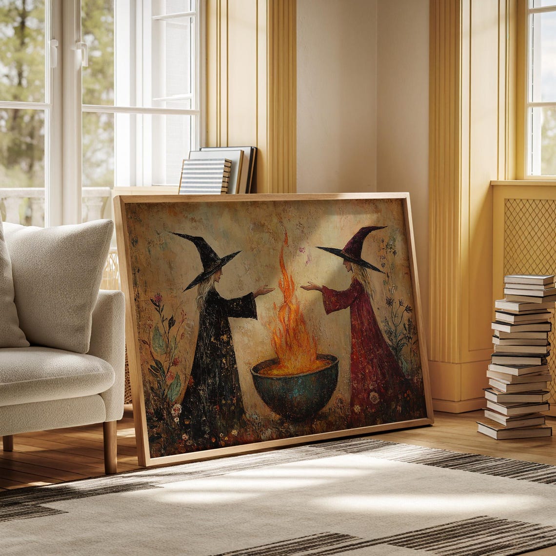 Witch Sisters Casting Fire Spell Mystical Halloween Cauldron Poster - Image 6