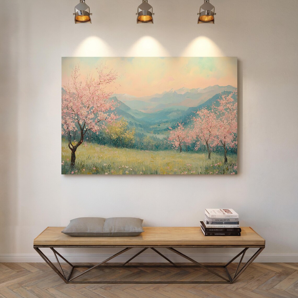 Cherry Blossom Trees In Mountain Meadow Valley Spring Landscape Wall Art - Image 5