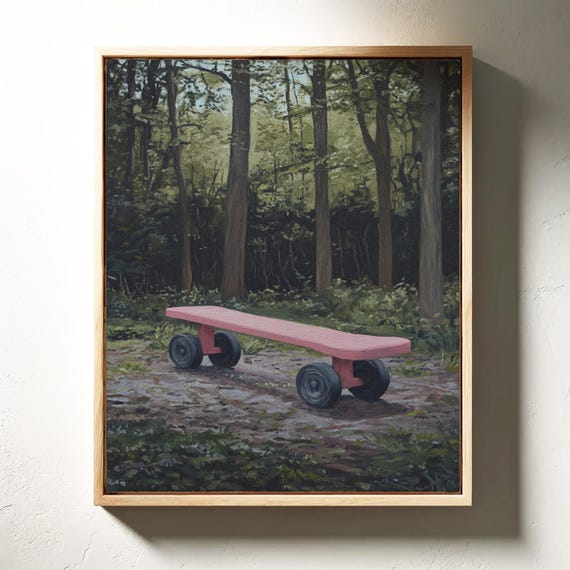 Pink Bench On Wheels Surreal Forest Scene Painting