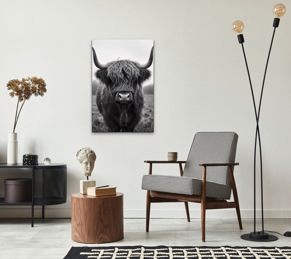 Black And White Highland Cow Close Up Shaggy Portrait Wall Art - Image 6
