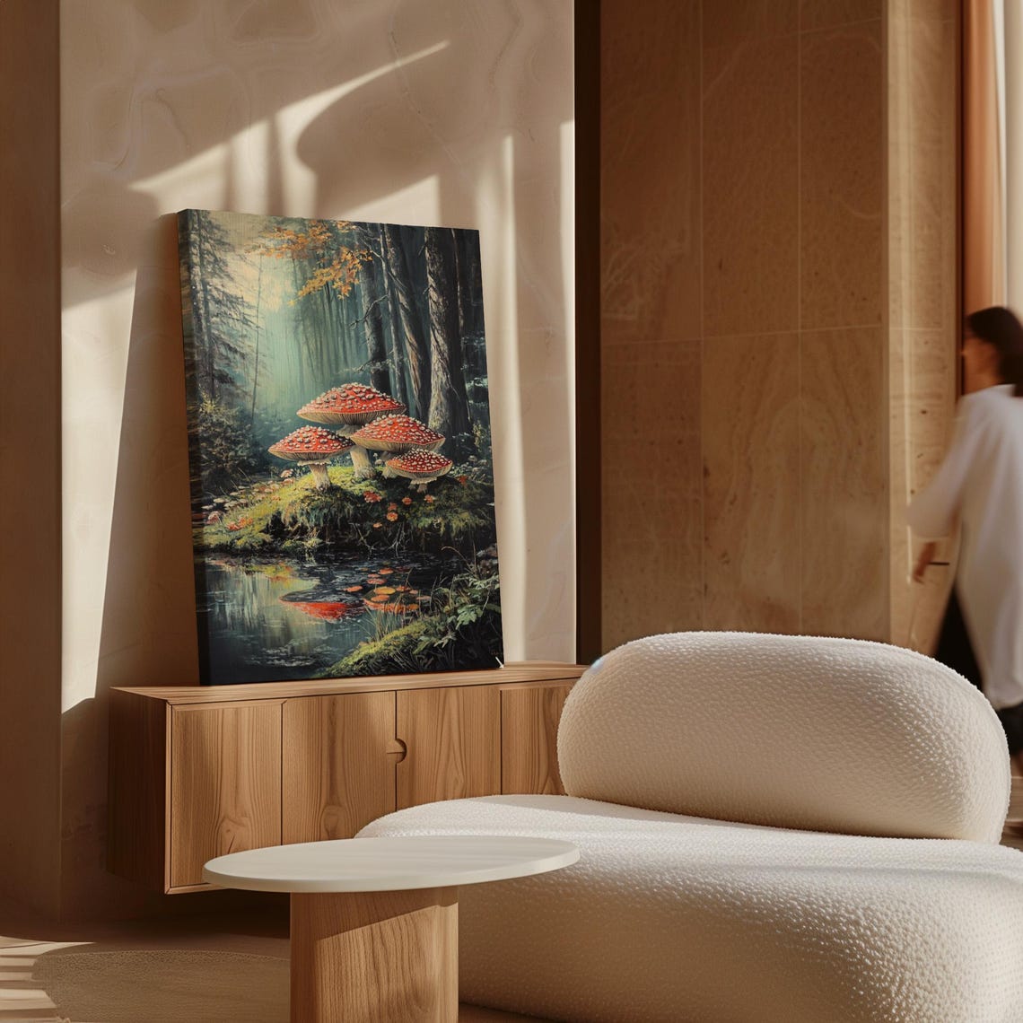 Red Capped Mushrooms by a Tranquil Pond in a Misty Forest Poster - Image 6