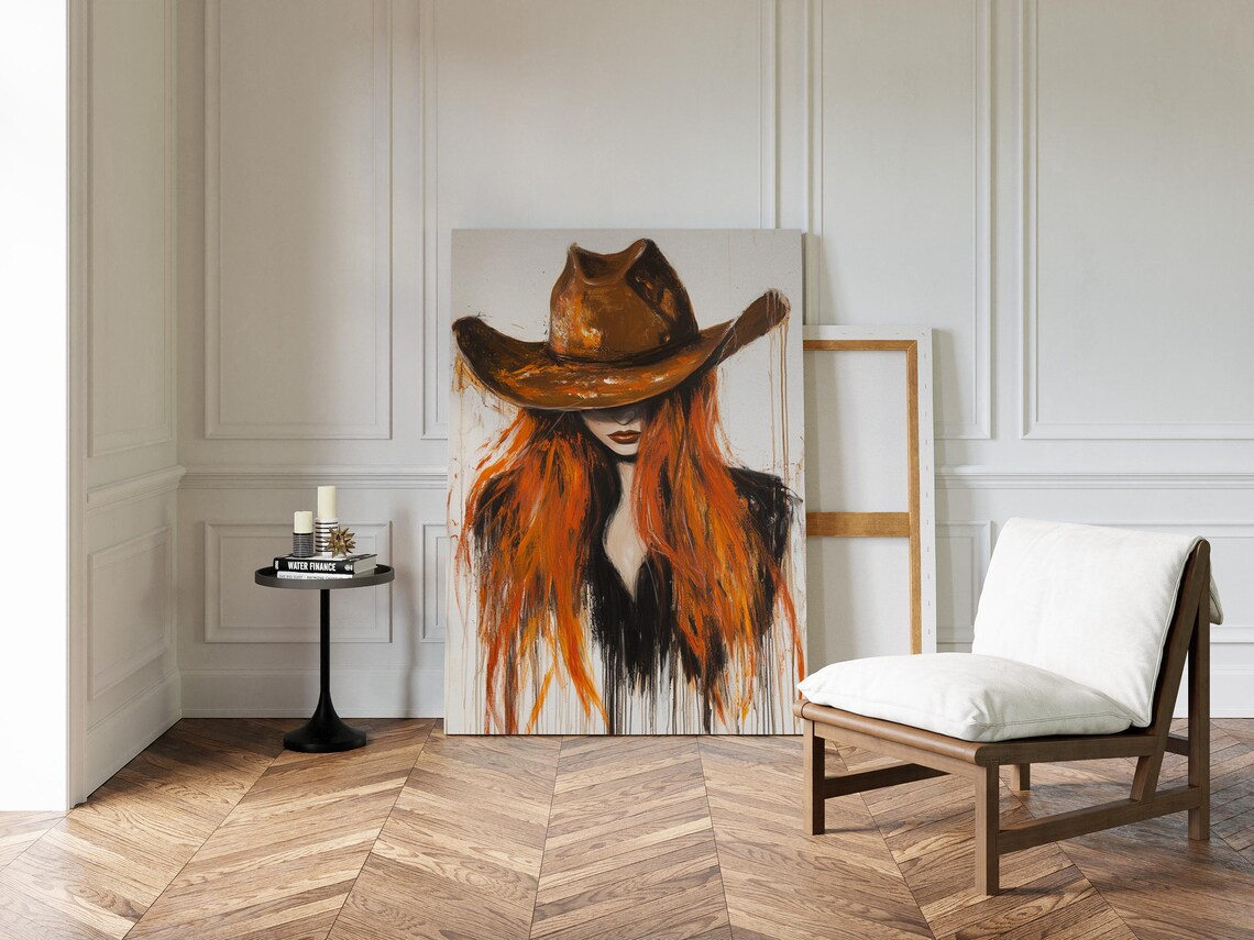 Western Cowgirl Art, Textured Hat Painting - Image 2