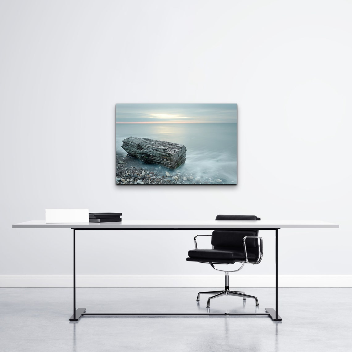 Weathered Driftwood Log On Rocky Shore Misty Ocean Sunrise Wall Art - Image 5
