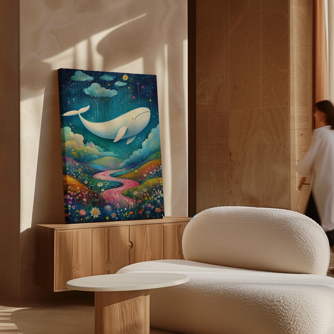 Dreamy White Whale Flying Over Pink River Flower Hills Poster - Image 5