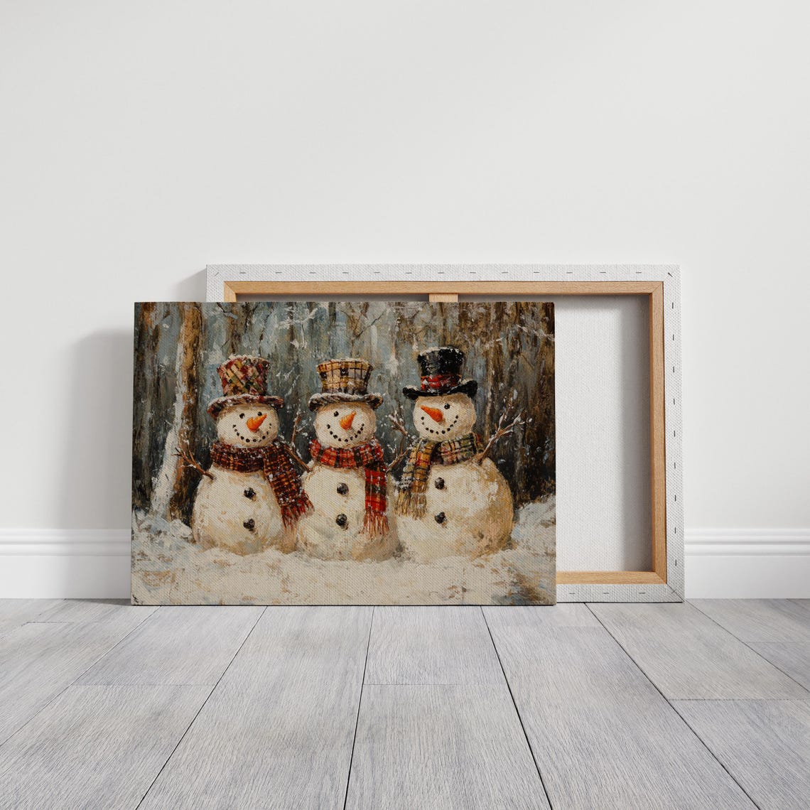 Snowman Trio With Top Hats And Plaid Scarves Winter Wall Art - Image 3