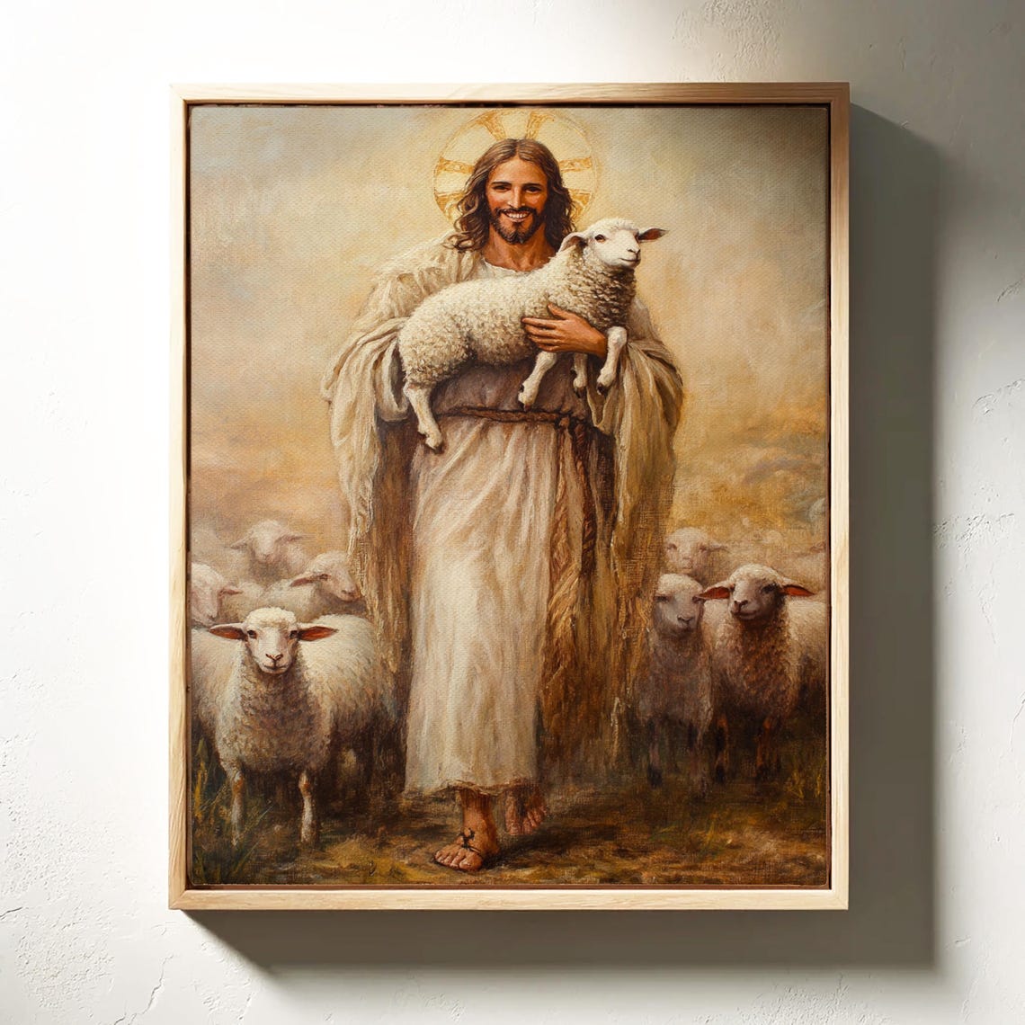 Good Shepherd Jesus Holding Lamb Flock Golden Light Art Poster - Image 3