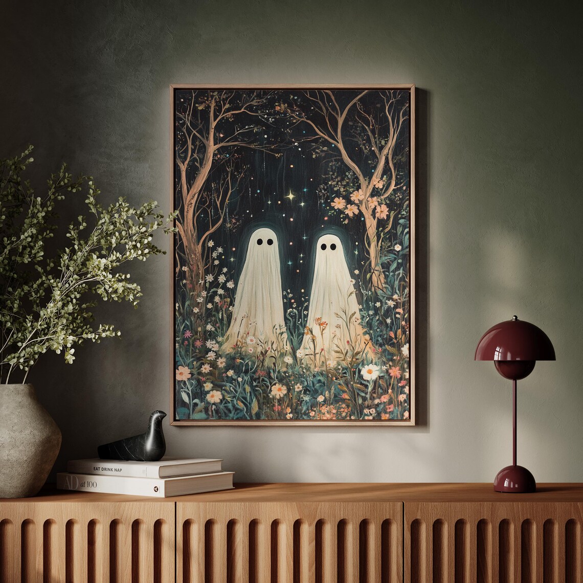 Two Cute Ghosts In Starry Night Garden With Wildflowers Spooky Art Poster - Image 4