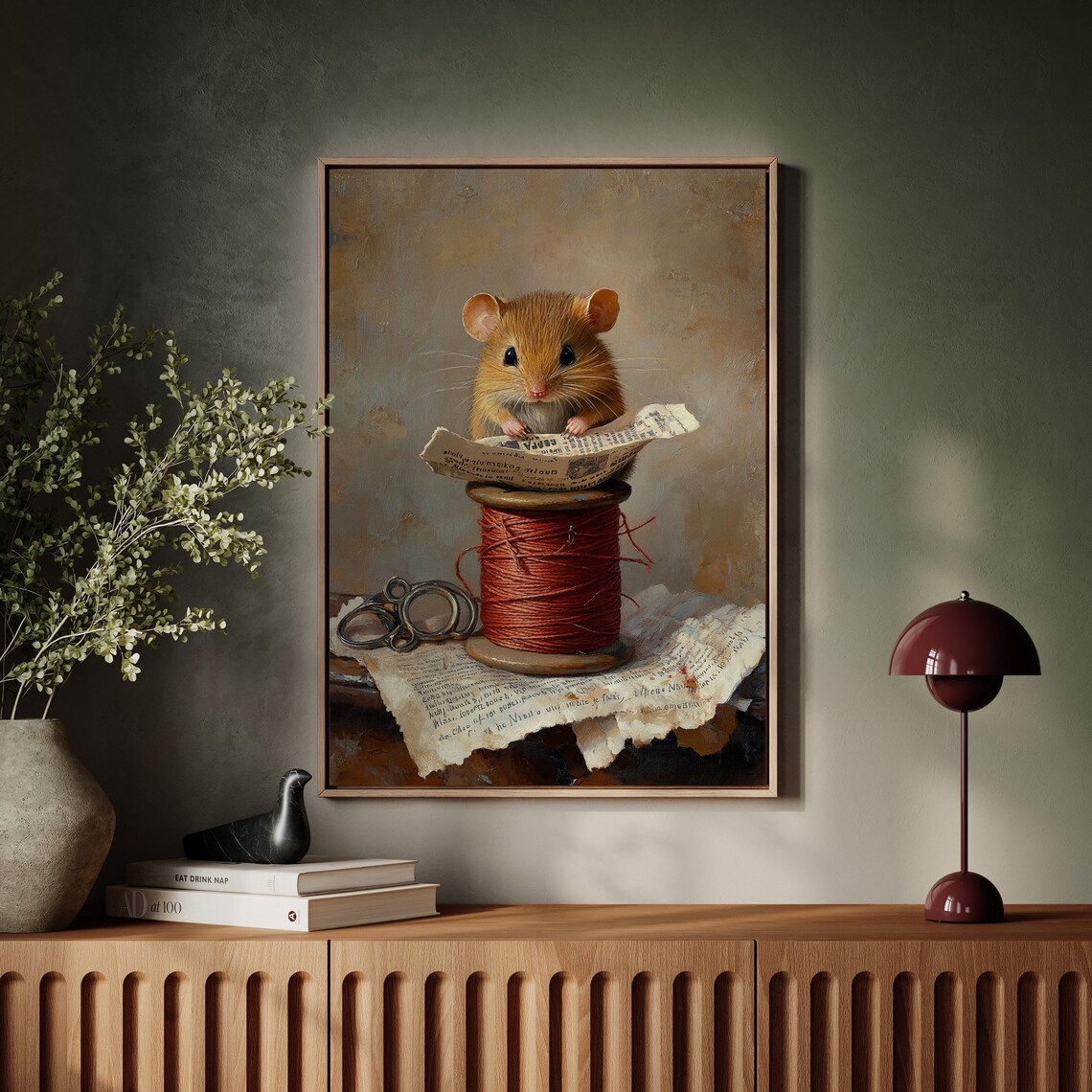 Cute Mouse With Newspaper On Thread Spool Vintage Oil Painting Poster - Image 2
