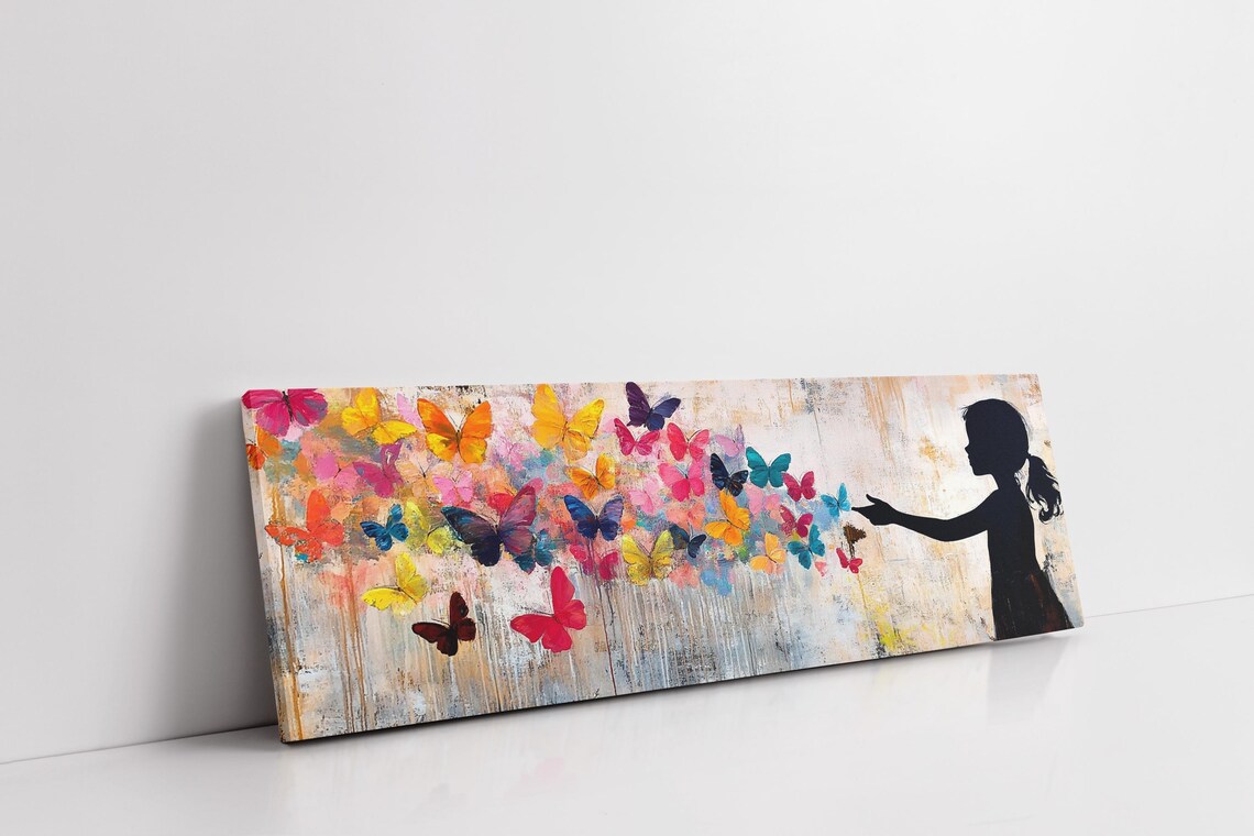 Girl Silhouette Releasing Colorful Butterflies Whimsical Art Poster - Image 2