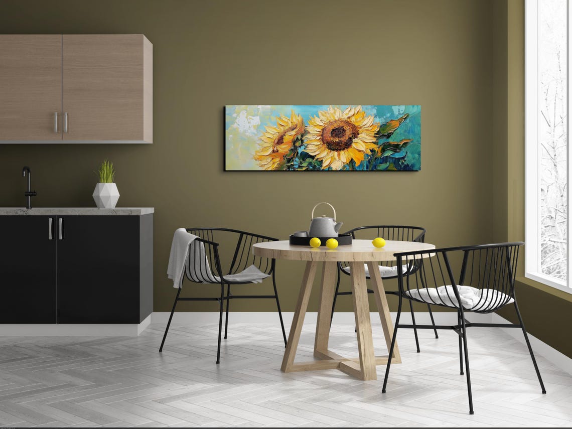 Two Large Sunflowers Golden Teal Impasto Panoramic Art Poster - Image 4