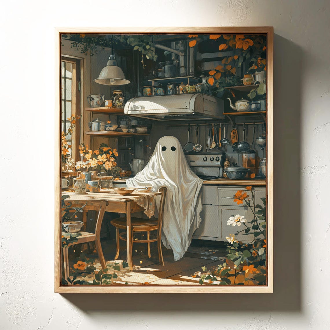 Cute Ghost In Rustic Farmhouse Kitchen Autumn Leaves Fall Wall Art - Image 2