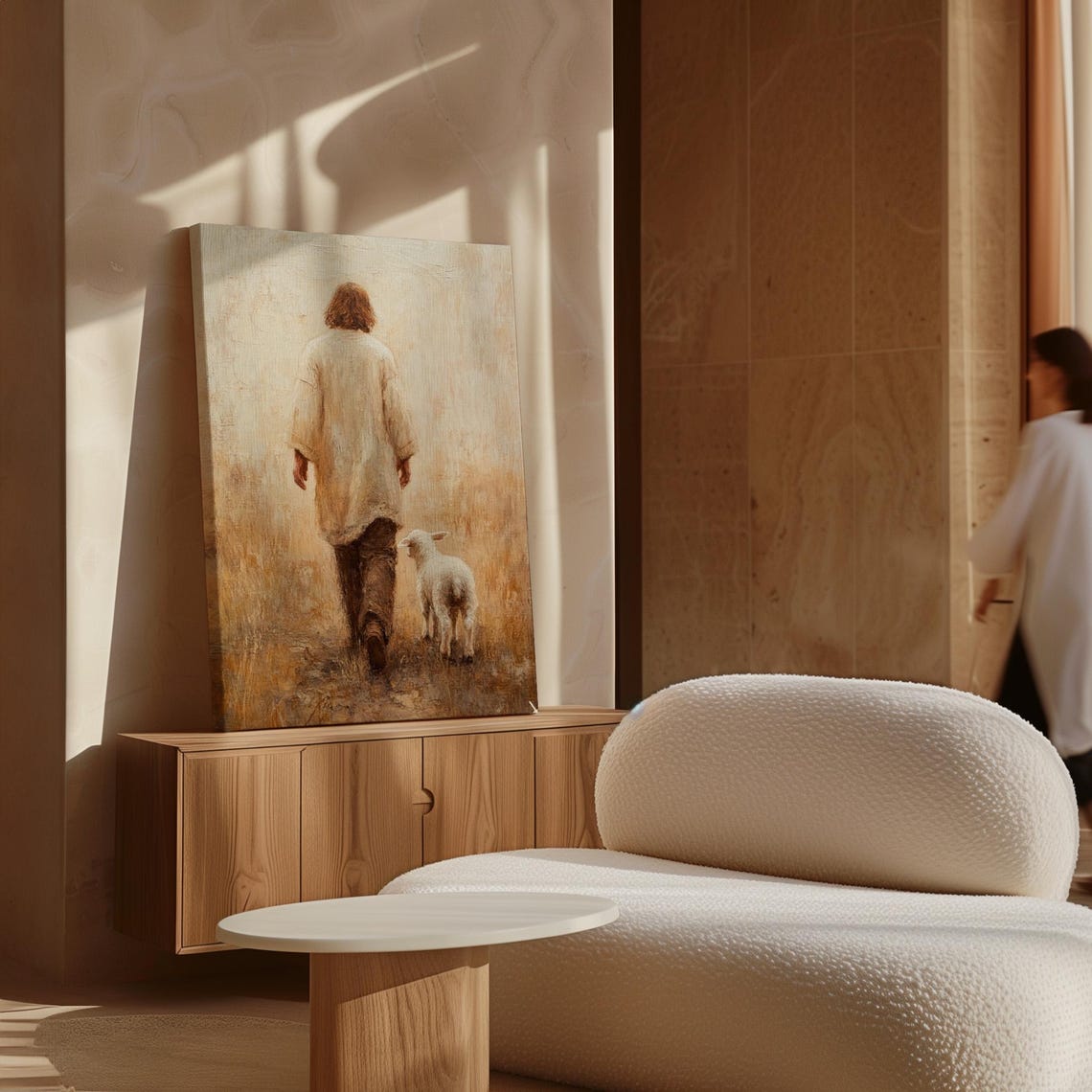 Jesus Walking Away Through a Golden Field With a Lamb Following Poster - Image 7