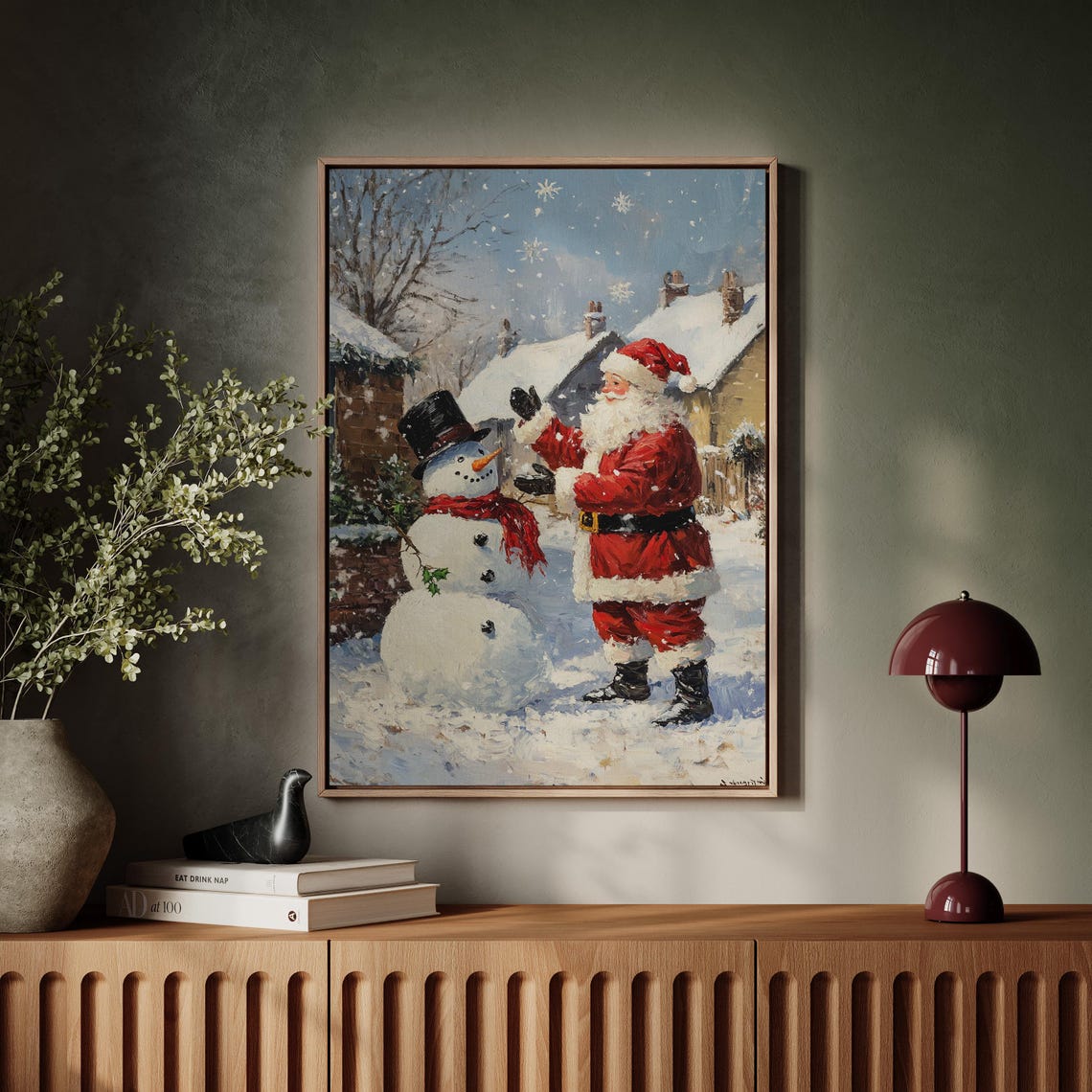 Vintage Santa Claus And Snowman Oil Painting Christmas Holiday Wall Art Cozy Winter Wonderland Scene For Festive Home Decor - Image 5