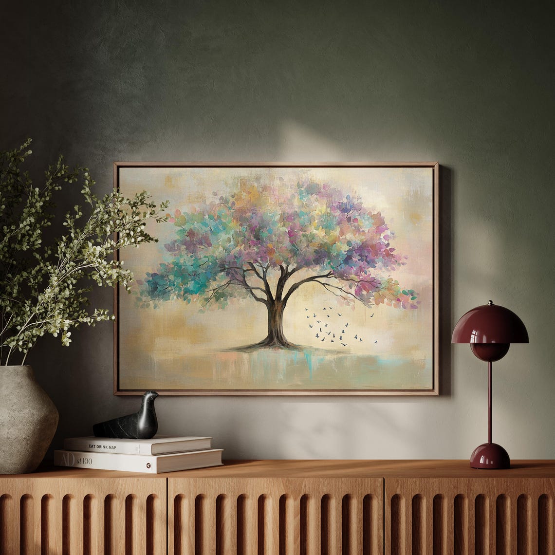 Abstract Pastel Tree With Colorful Leaves And Flying Birds Poster - Image 6