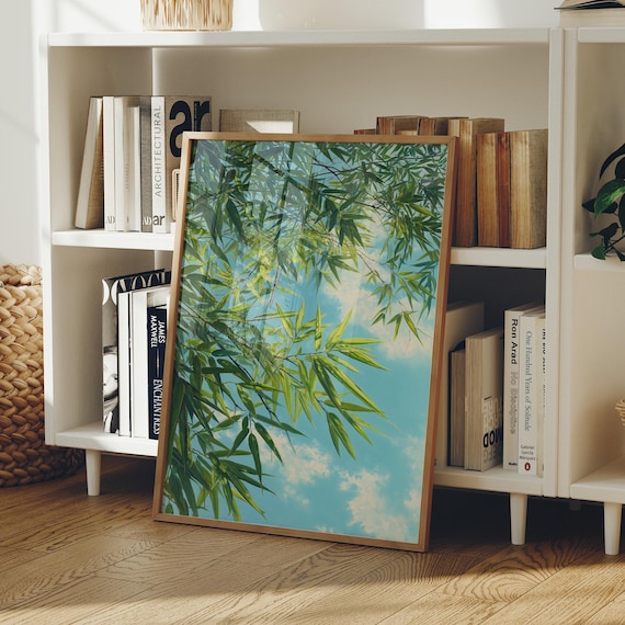 Bamboo Leaves And Sky Canvas Art Tranquil Nature Painting Serene Green Botanical Wall Decor Peaceful Zen Minimalist Artwork