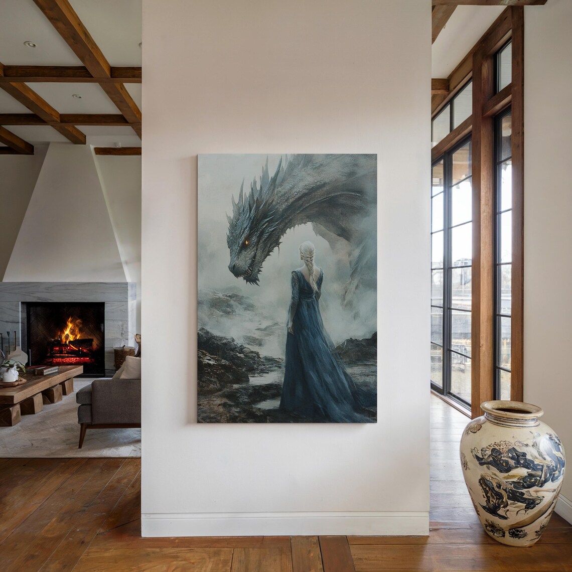 Woman Facing Majestic Dragon in Mist Epic Fantasy Adventure Wall Art Print - Image 3