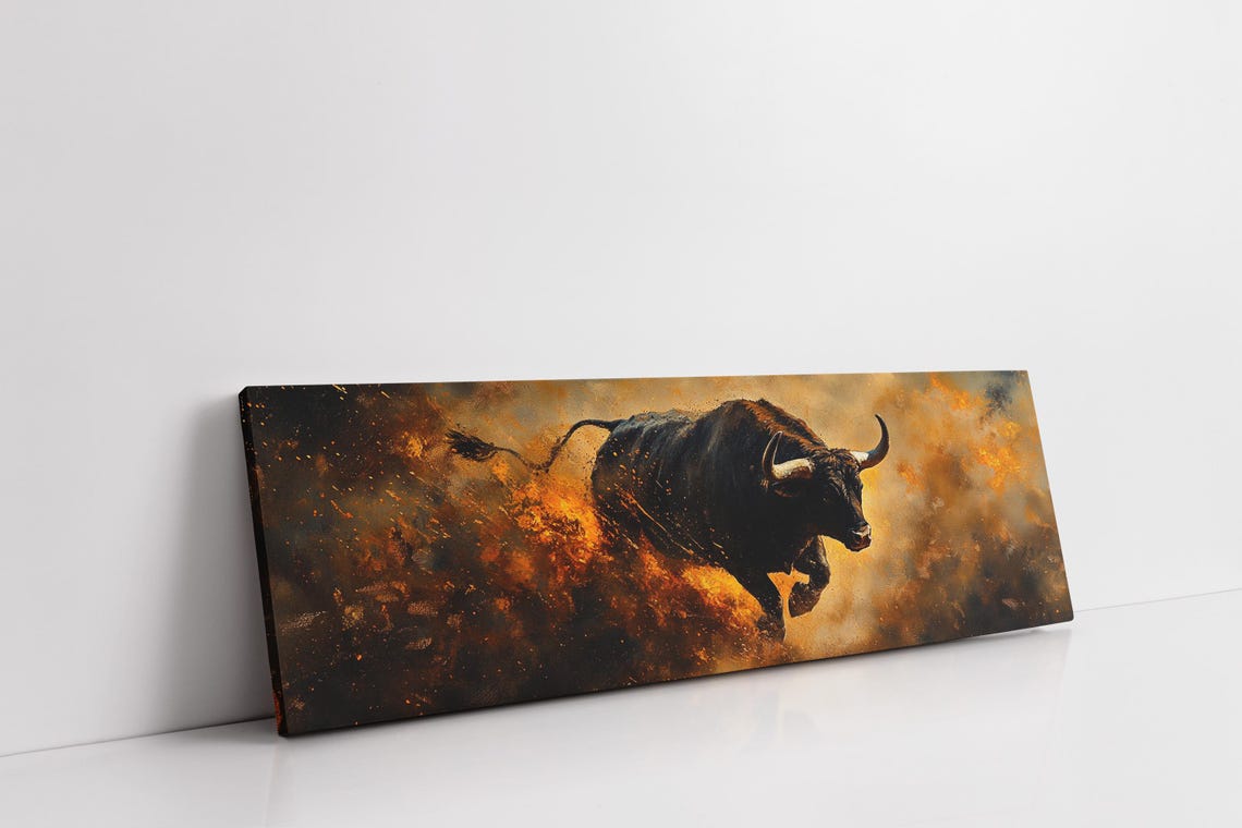 Charging Bull Art Fiery Animal Wall Decor With Bold Energy Dynamic Wildlife Painting For Strength Rustic Charm - Image 3