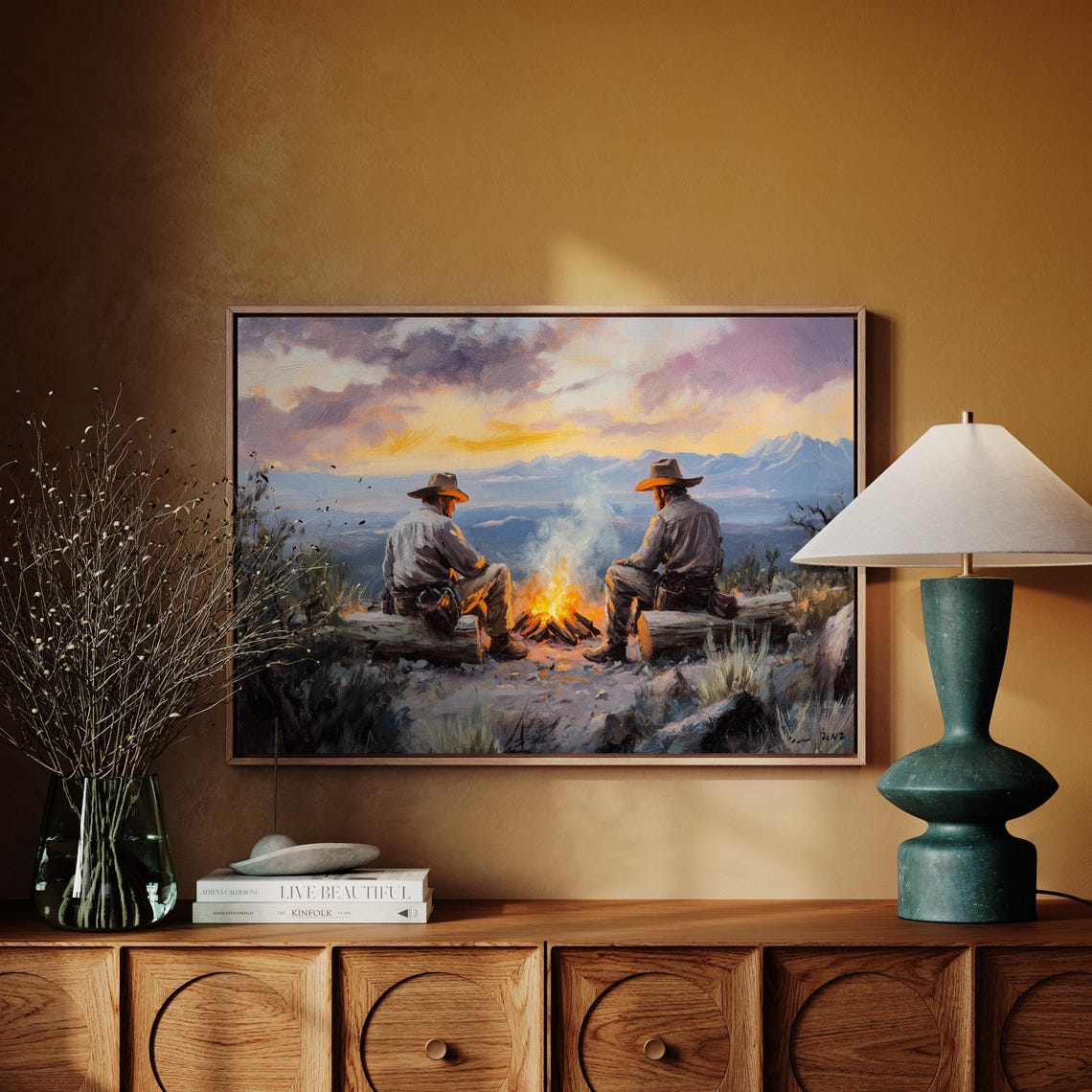 Cowboy Campfire Sunset Western Wall Art Rustic Ranch Decor Wild West Print Country Farmhouse Painting Cowboy Artwork - Image 4