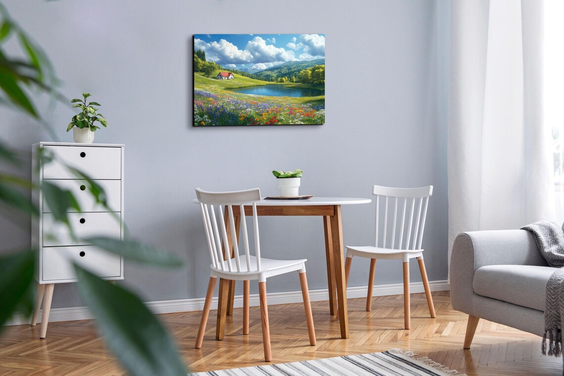 Colorful Wildflower Meadow Lake Mountain Cabin Landscape Poster - Image 4