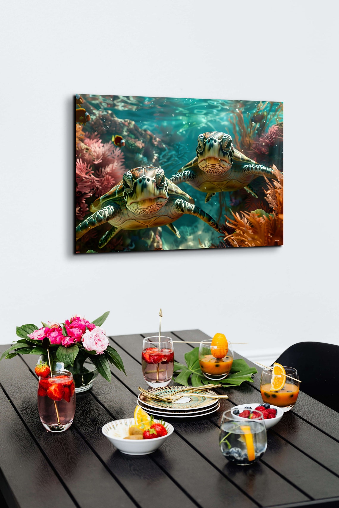 Two Sea Turtles Swimming Underwater Among Coral Reef Colors Wall Art - Image 4