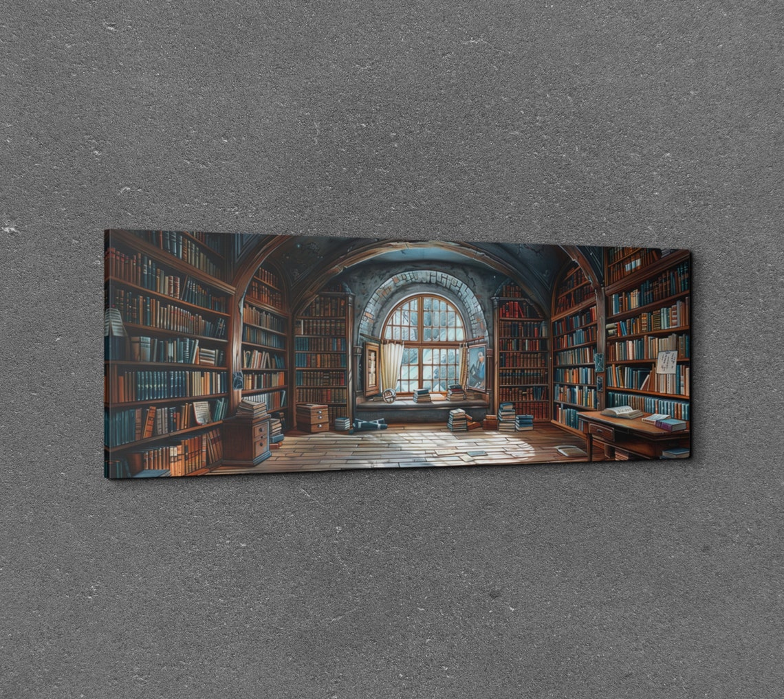 Mystic Library Arched Stone Hall Panoramic Watercolor Wall Art - Image 3