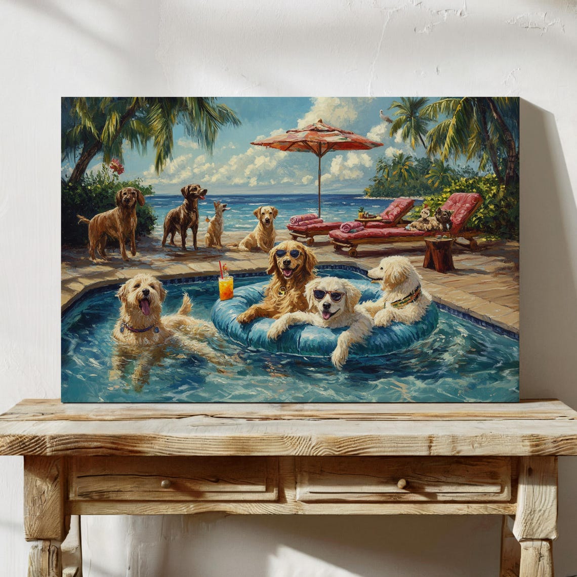 Golden Retrievers Pool Party Sunglasses Tropical Fun Dog Art Poster