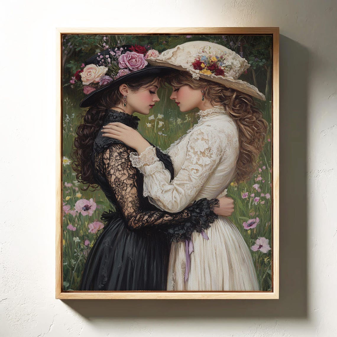 Two Women in Vintage Flower Hats Embracing in a Garden Poster - Image 6