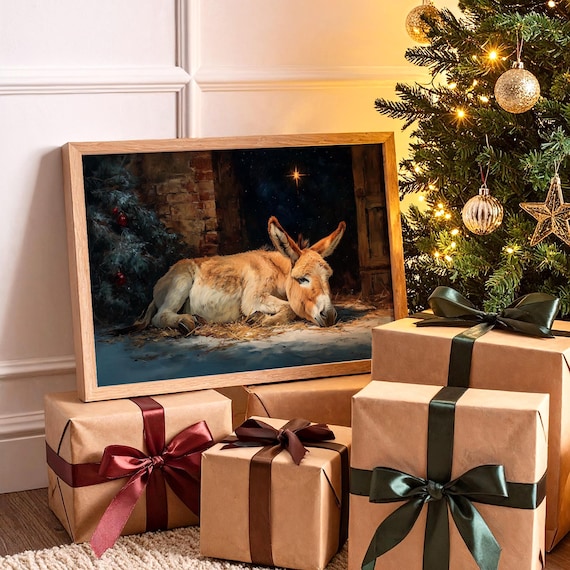 Christmas Nativity Donkey Resting in the Manger Under the Star Poster