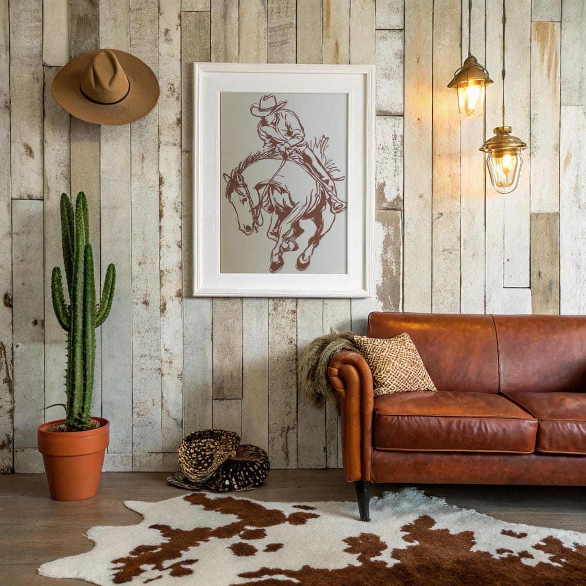 Cowboy Riding Bucking Horse Sketch Western Rodeo Style Poster