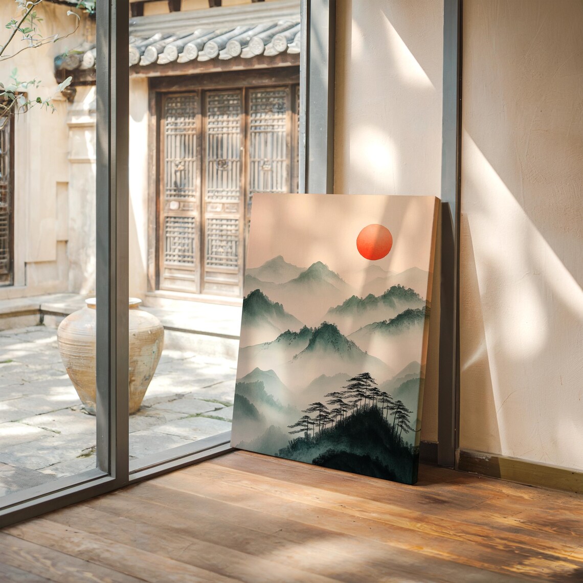 Japanese Sumi-E Mountain Print, Red Sun Landscape - Image 3