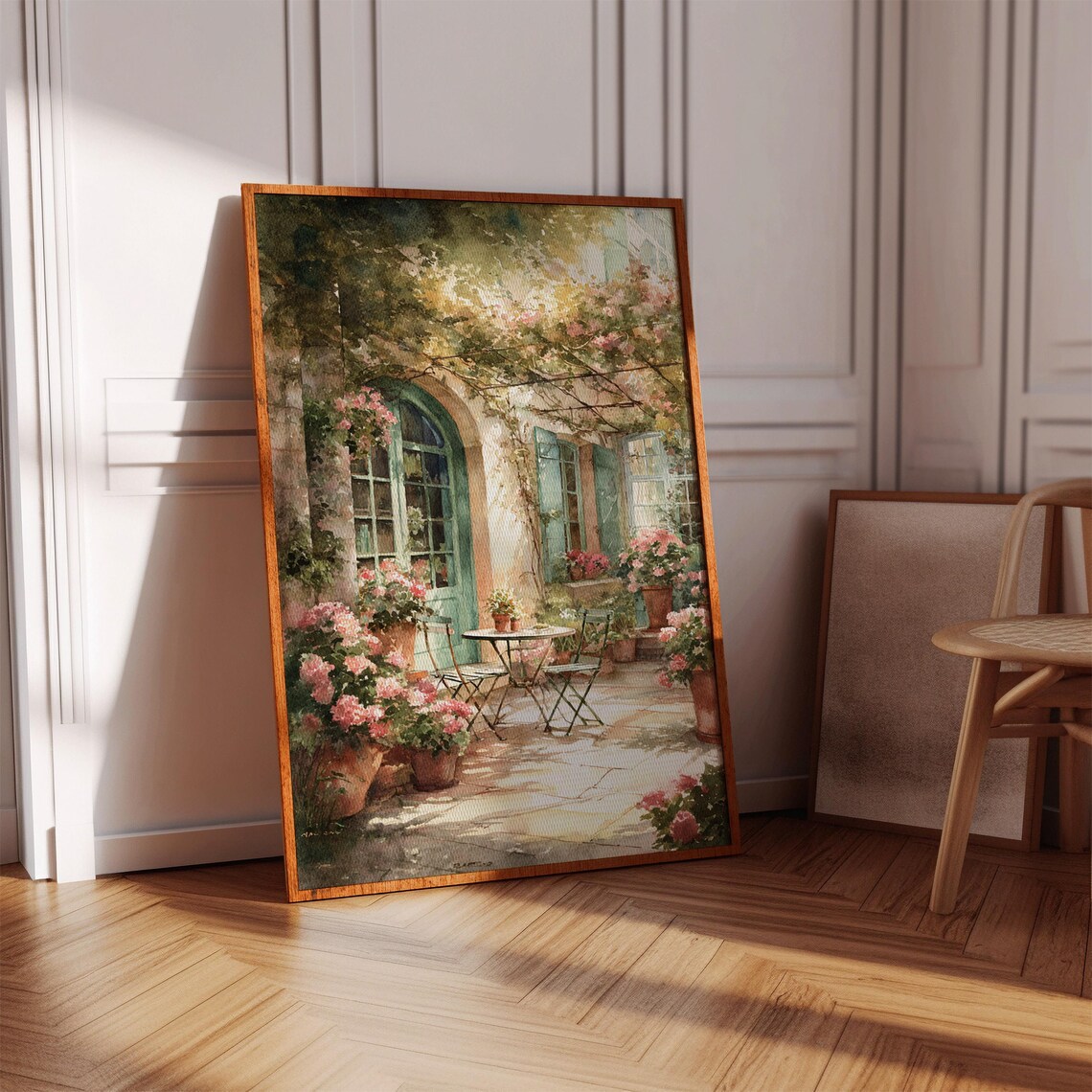 French Courtyard Garden Art Print, Rustic Patio Scene