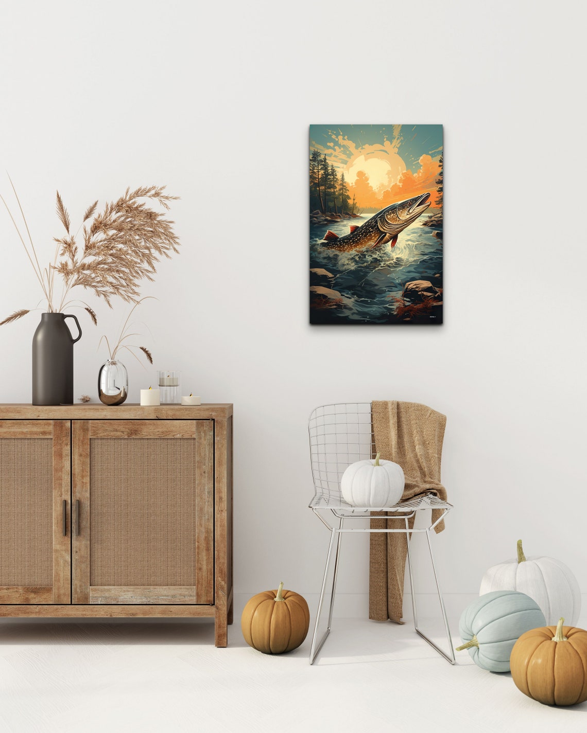 Leaping Pike Fish Splashing Out of the River at Sunset Poster - Image 4