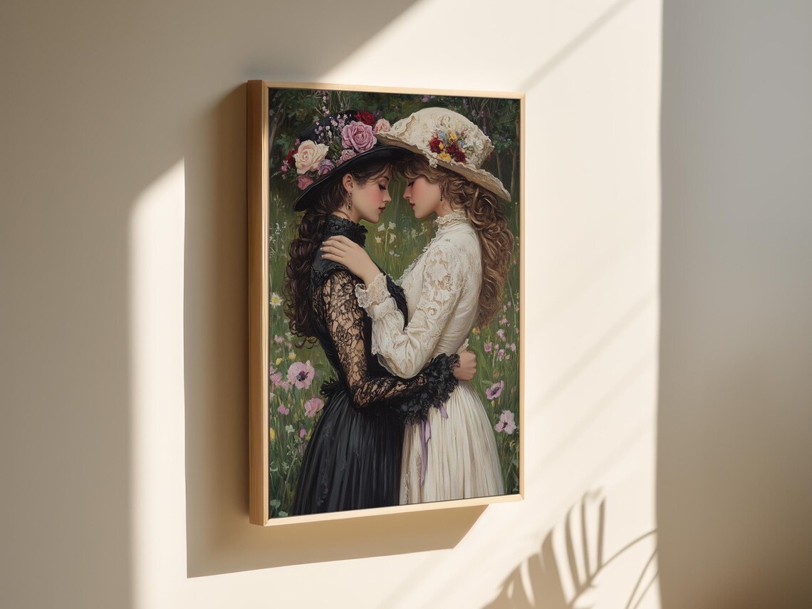Two Women in Vintage Flower Hats Embracing in a Garden Poster - Image 4