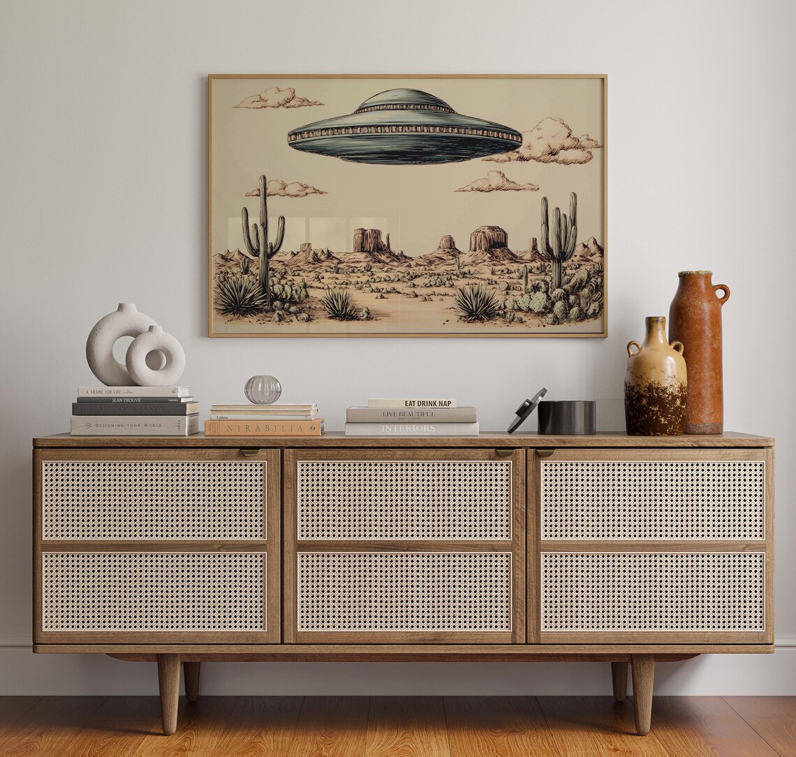 UFO Over Desert Cactus Western Sci-Fi Art Print