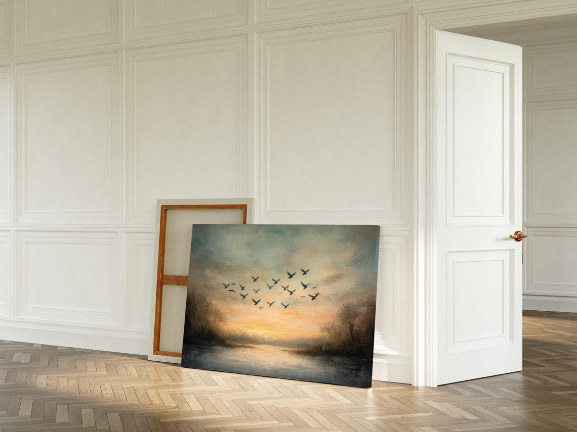 Sunset Birds Flock Over Lake Golden Sky Tranquil Wildlife Poster - Image 5