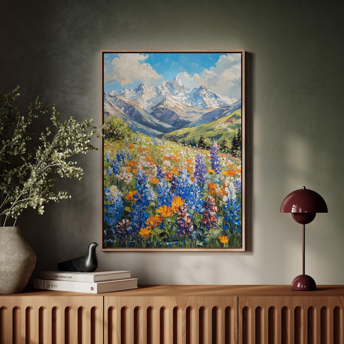 Snowcapped Mountain Bluebonnet Meadow Impasto Oil Painting Poster - Image 7