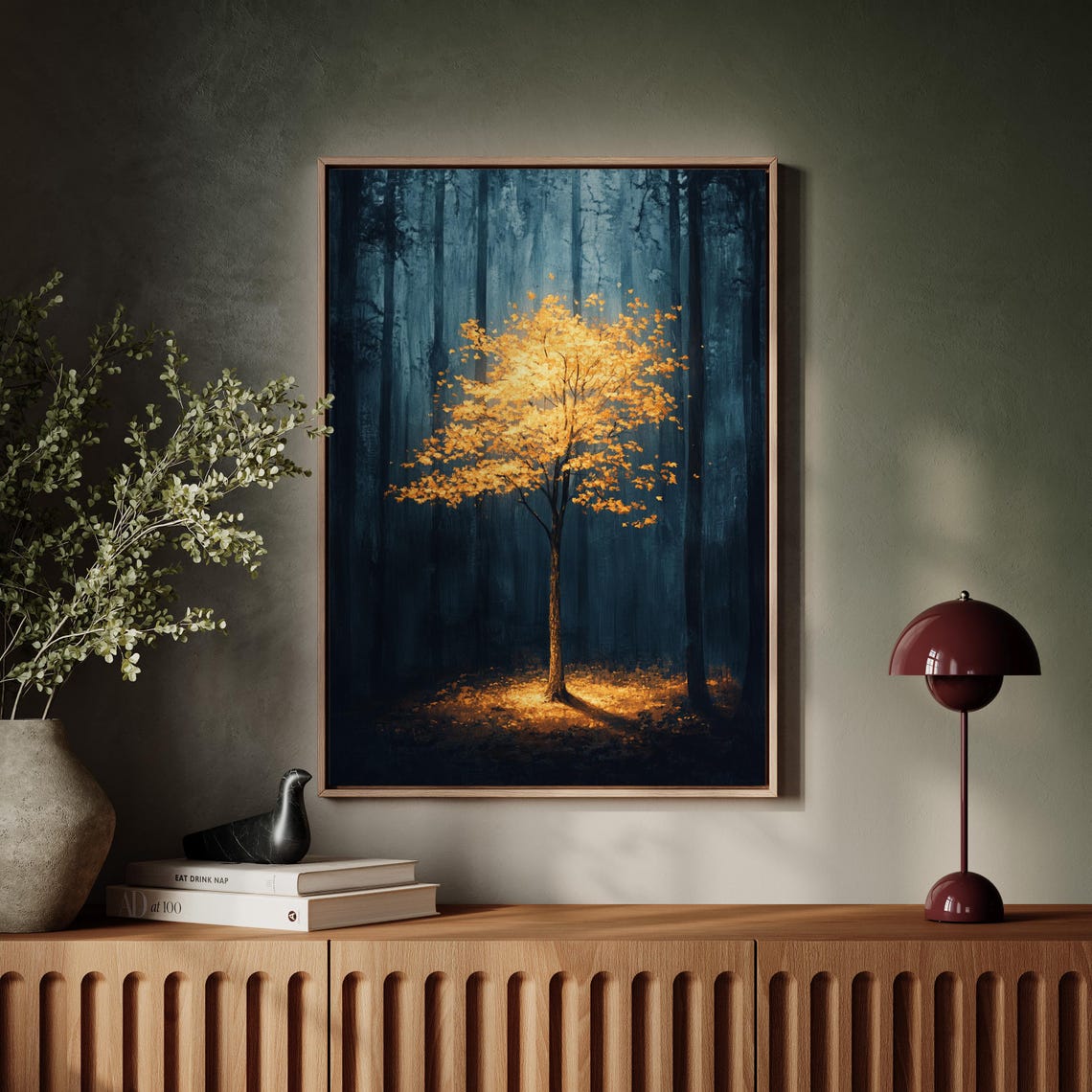 Golden Tree In Dark Forest Illuminated Nature Art Enchanted Forest Wall Decor For Serene Spaces - Image 4