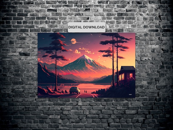 Lofi Scenery Orange Sunset Mountain Art Print