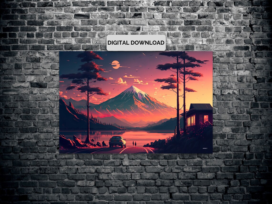 Lofi Scenery Orange Sunset Mountain Art Print