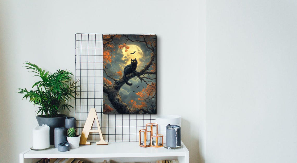 Black Cat Under Full Moon Autumn Tree Halloween Night Poster - Image 3