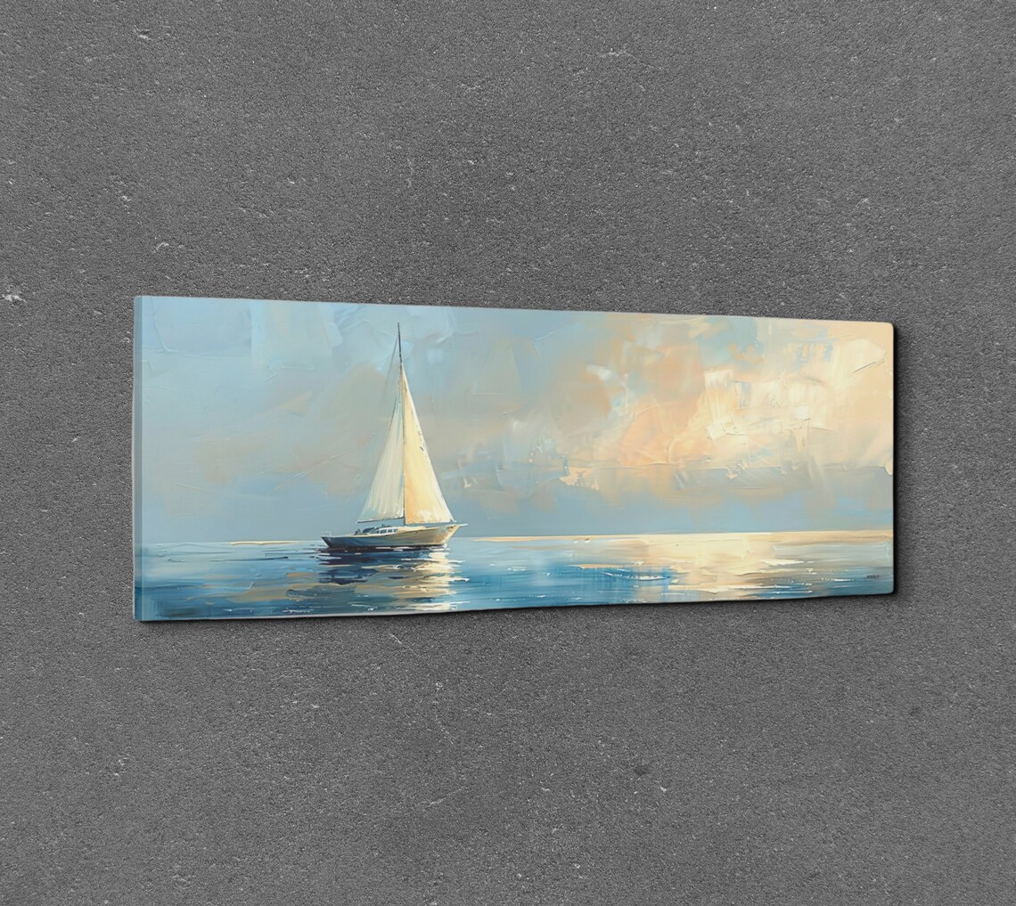 Lone Sailboat On Calm Sea Under Pastel Sky Coastal Art Poster - Image 3