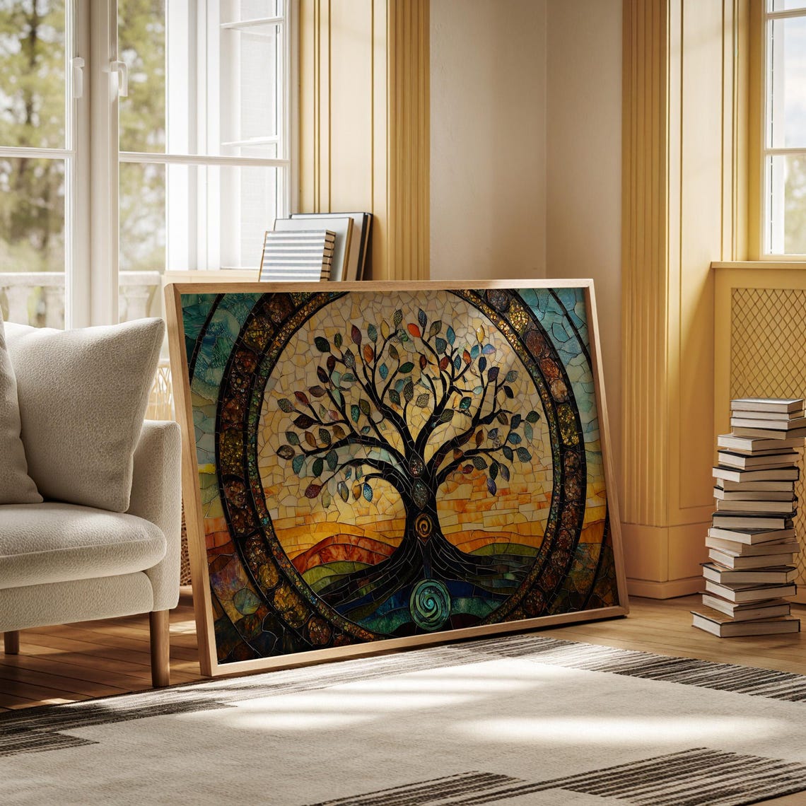 Stained Glass Tree Of Life Mosaic With Teal Border Sunset Poster - Image 3
